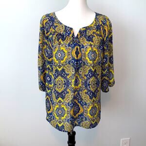 Ann Taylor Paisley Blue and Gold Blouse Top Sz Medium Petite